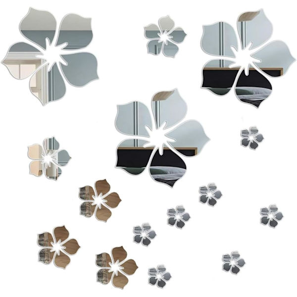 Väggdekaler, Akryldekal Blombladspegel Väggdekal Vardagsrum Sovrum TV Bakgrundsvägg Badrumsdekoration, Silver 18 Stycken