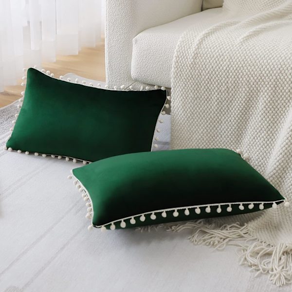 (30x50cm, Mörkgrön) Set med 2 dekorativa kuddfodral i mjuk sammet med pompoms, heminredningsöverdrag, kuddfodral för soffa, säng, stol, sovrum, vardagsrum