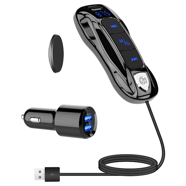 Bluetooth V5.0 FM-sändare, Bluetooth-bilsändare Handsfree-bilsats Dubbla USB-portar (QC3.0+5V/2.4A) med 1,1M-kabel, A2DP Crystal Sound,