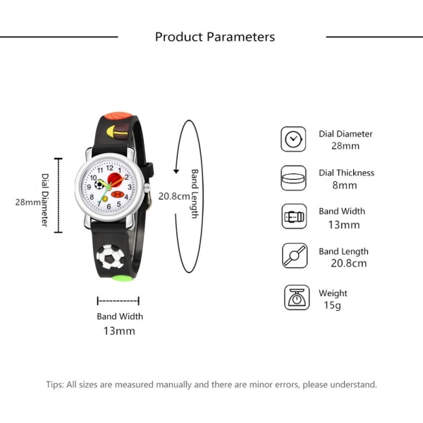 Barneklokke (svart, fotball), vanntett barneklokke med kvartsurverk, 3D-tegneseriefigur, digital barneklokke for barn fra 3 til 11 år