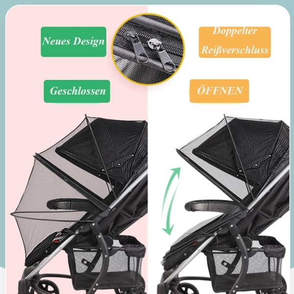 Universaali lastenvaunujen hyttysverkko, vauvanvaunujen hyttysverkko - Taitettava vauvan hyttysverkko rattaille, hyönteissuoja vauvoille, pestävä