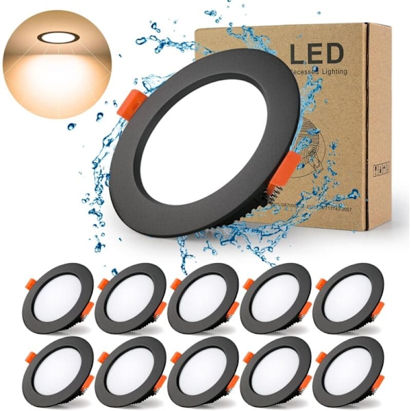 Sort Ekstra Flad Forsænket LED Spotlight, 10 Pak 7W 700LM = 70W Glødepære, IP44, 3000K Varm Hvid, AC 220-240V, Udskæring 70-85mm, Rund Ultra Slim Re