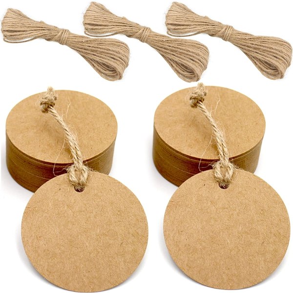200 stk Kraft-etiketter, gaveetiketter, 6x6cm Kraft-etiketter - blanke etiketter for bryllup, bursdag, jul - med 20M jutetråd (Mar