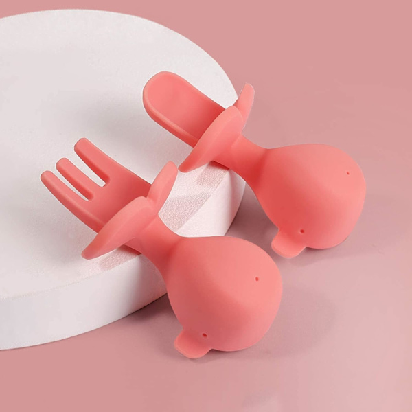Röd baby sked gaffel set, baby sked lärande bestick BPA-fri enkel grepp självdriven lärande redskap för småbarn barn (rosa)