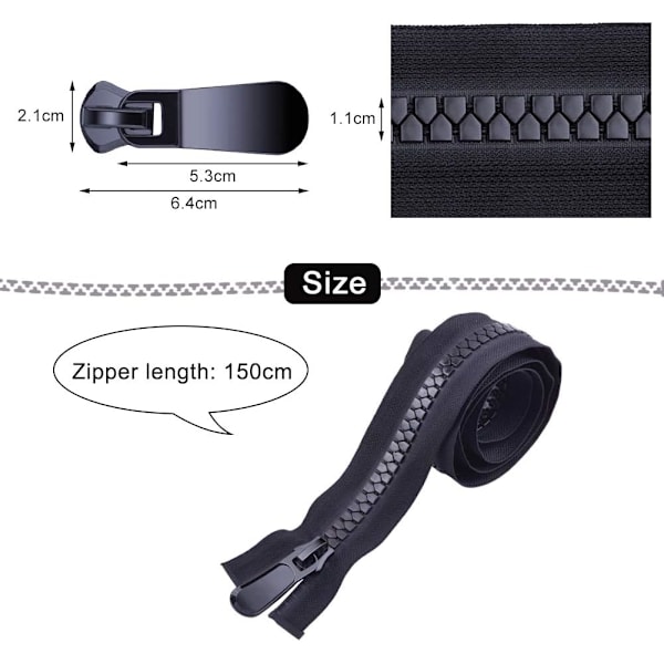 Separerande jacka dragkedjor, 1 st 150 cm dubbel öppen super stor plast dragkedja svarta tänder kraftiga dragkedjor för DIY sömnad skräddare hantverk väskor tält,