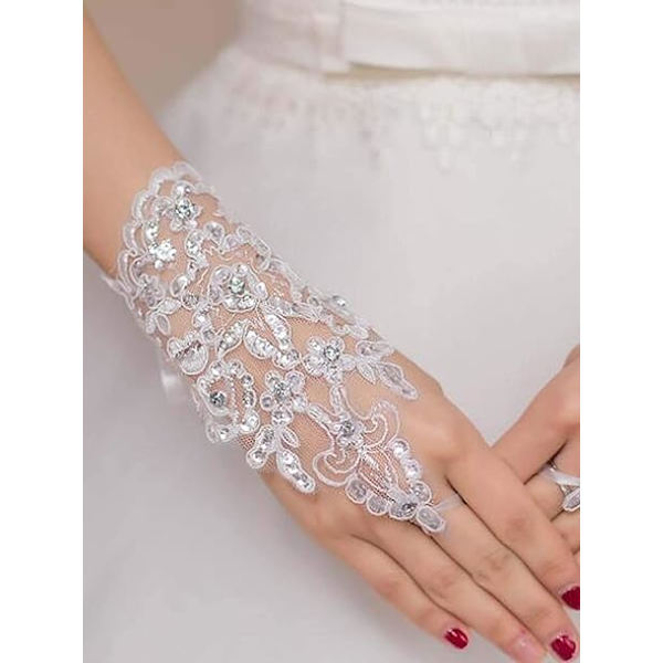 Vit - Dam elegant bröllop par av strass spets brudklänning handskar fest opera.