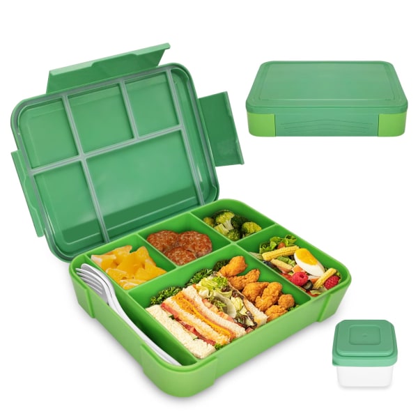 Bento lunsjboks for barn, Bento lunsjboks for voksne med 5 rom og 1 salatdressingbeholder, arbeidsskolesnackboks for barn og voksne