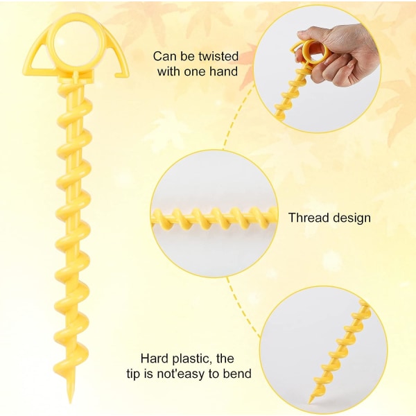 Yellow, 8 x Camping Tent Nail Fixers 25cm Plastic Tent Nail Screw Fixer with 8 Clear Plastic Tubes,