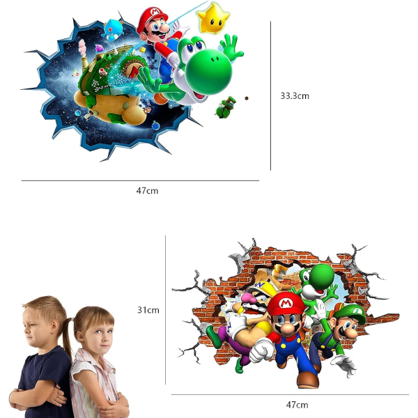 2 stk. Mario vægklistermærker, Super Mario vægdekorationer, Mario klistermærker vægklistermærker, Mario klistermærker vægklistermærke, Mario dørvægklistermærke, egnet til K