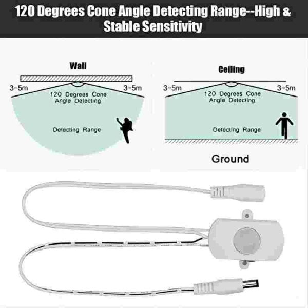 Bevægelsessensor, 6V-24V Bevægelsessensor Afbryder, 5A 12V Pir Sensor Afbryder, Justerbar Forsinkelsestid, til LED-belysning (Hvid)