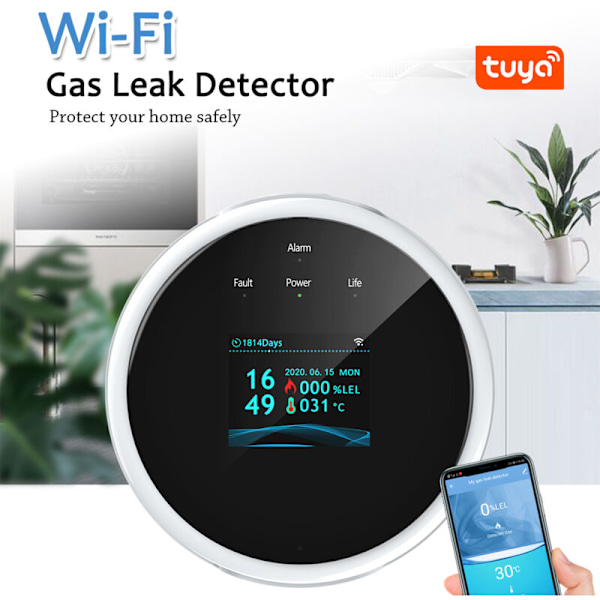 WiFi-kaasuvuototunnistin Kotitalouskaasuvaroitin Tuya-sovellus Lämpötilanäyttö Herätysnäyttö Kotiin Keittiöön Matkailuautoon Asuntovaunuun Kutsuva Ääni LCD Co