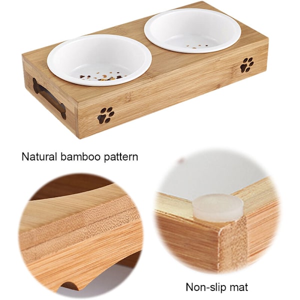 Matskål för husdjur med stöd, valpfoder, set med 2 halkfria träbitar, rostfritt stål och vatten