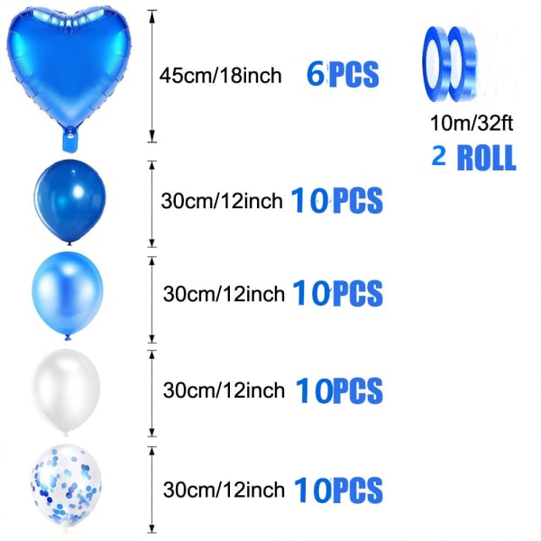 Sininen set, 48-osainen set värikkäitä konfettiilmapalloja, rib