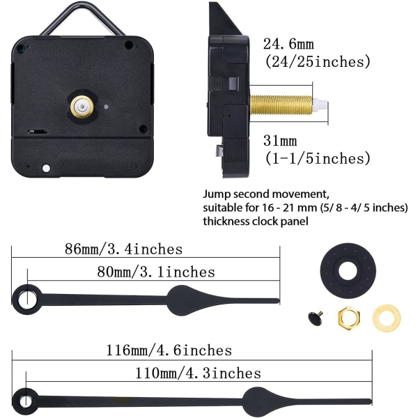 Lång axelklockrörelse, 4/5 tum maximal tjockleksdiameter, 1-1/5 tum total axellängd