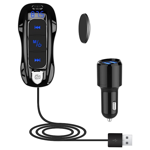 Bluetooth V5.0 FM-sändare, Bluetooth-bilsändare Handsfree-bilsats Dubbla USB-portar (QC3.0+5V/2.4A) med 1,1M-kabel, A2DP Crystal Sound,
