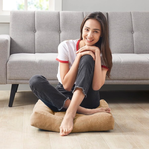 Komfort Memory Foam Meditasjonsgulvpute 2-delt sett, Voksen Student Kvadratisk Stor Pute, Tuftet Kordfløyel Gulvmatte for Balkong Utendørs Tatami Li