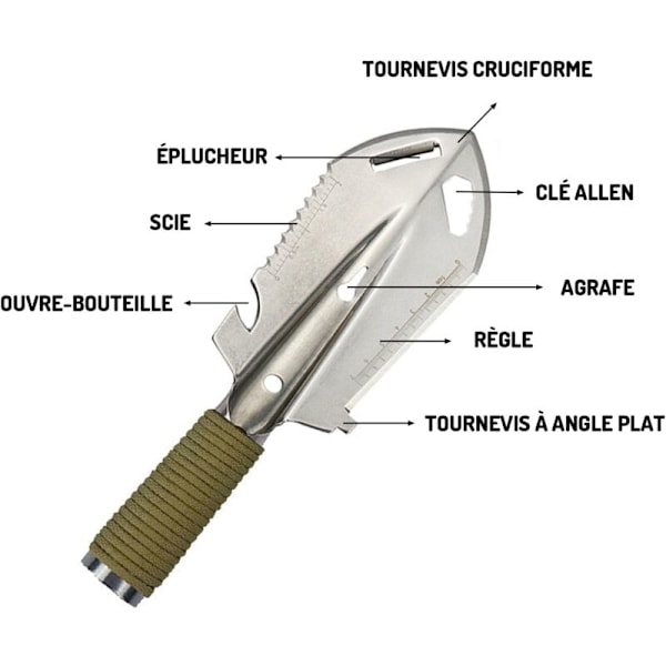 Argent Multifunksjonell campingplass, mini hagespade, 9-i-1 campingverktøy, hagespade i rustfritt stål, bærbar campingspade, egnet for c