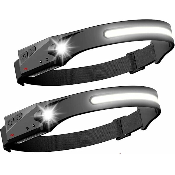 2-pack LED Pannlampor med Sensor COB XPE Kraftfulla 5 Lägen USB Uppladdningsbar Vattentät Huvudficklampa