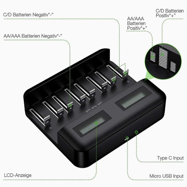 Lcd Universal Batterioplader - 8 Bay Aa /aaa /c /d Batterioplader til genopladelige batterier med 2a USB-port, Type C-indgang