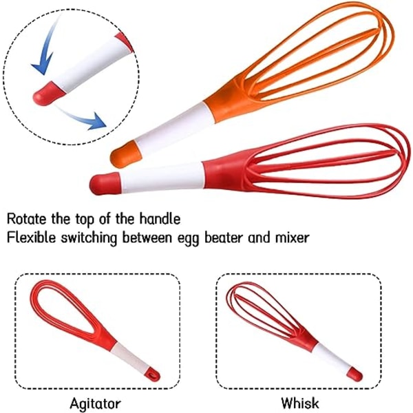 2-pakkaus kokoontaitettava silikonivatkain (punainen + oranssi), 2-in-1-pyörivä sekoitin, helppo ja turvallinen käyttää kananmunille ja voille, tarttumattomat keittiövälineet, vispilä