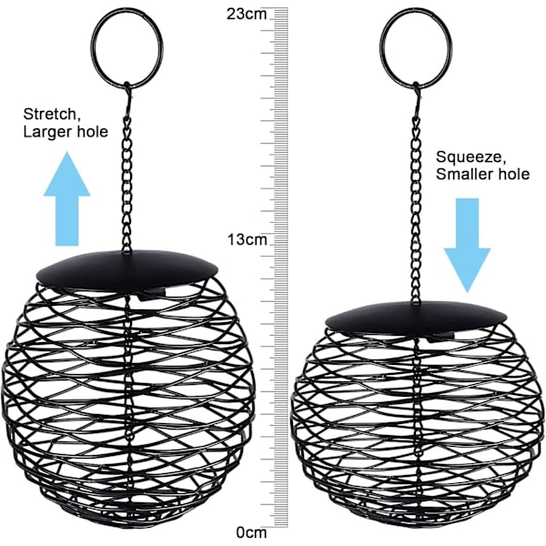 Fuglefoderautomat i kugleform, 13 cm diameter stor kapacitet til fedtkugler, brød, kiks, metal