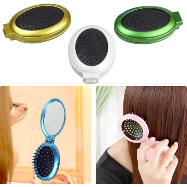 Mini folding pocket hairbrush with mirror, rounded and compact design in blue with scalp massage brush, easy to carry, suitable for women and girls.