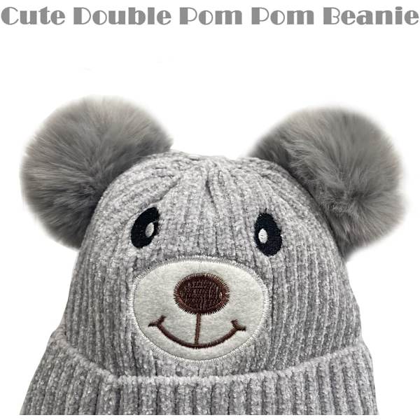 Søt bjørn barn vinter fleece foret strikket lue med øreklaffer dobbel dusk lue med øreklaffer kaldt vær varm lue for 1-5 år gammel (grå)