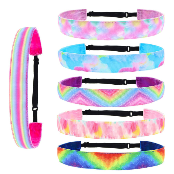 5-pak (billedfarver) - Elastiske pandebånd til piger - Skridsikre, justerbare regnbue-pandebånd - til børn, piger, piger - sødt skridsikkert hår Ac