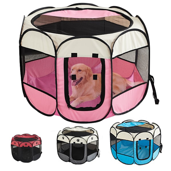 Sammenleggbart kjæledyrtelt 8 panel mesh valpehus hundehus - L 114x114x58cm - Rosa