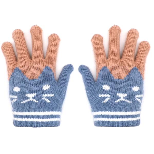 Barnas daglige vinter utendørs hansker Varme strikkede myke hansker Søt katt Varme fullfinger strekkhansker (blå)