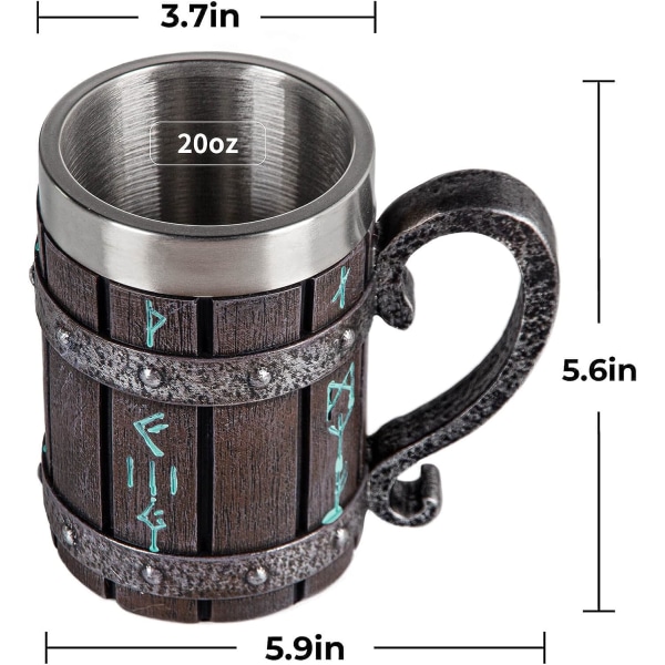 Nordic Viking Rune Krus Beer Tankard Cup, norrøn dekor(20oz)