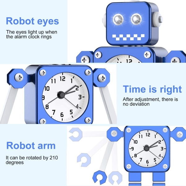 Blå väckarklocka för barn pojkar, robot väckarklocka för barn analog