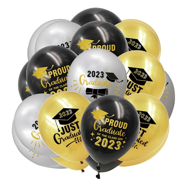 Bannere og ballonger til graduering, gradueringsbanner, sorte og gullfargede latexballonger til graduering for videregående skole og universitetsgraduering
