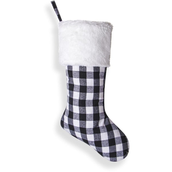Set med 2 hängande julstrumpor för öppen spis, 46 cm, päls, rutig, juldekoration (vit och svart)