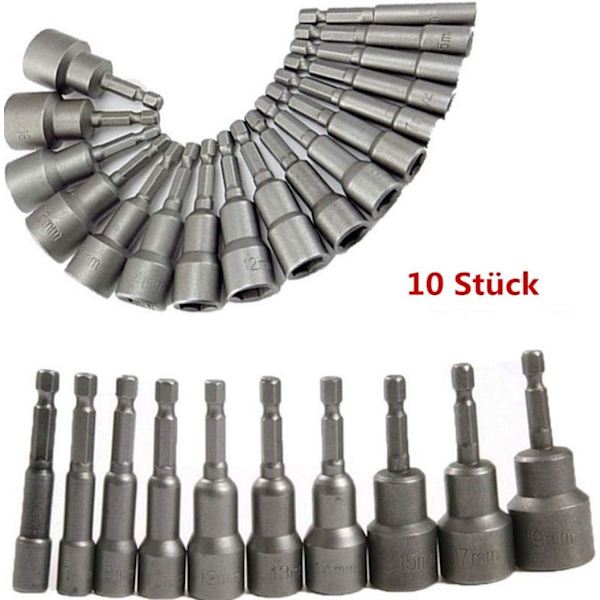 10 x Magnetisk hylsa för skruvmejsel, bitsadapter, fyrkantig sexkantschuck 6-19 mm 1/4” mutterdrivare borr
