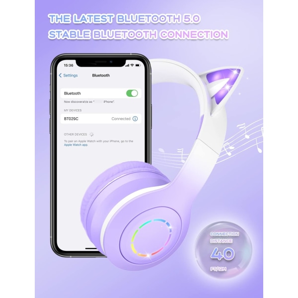 (violetti) Bluetooth -kuulokkeet lapsille, 85/95dB äänenvoimakkuuden säädin älypuhelimelle, iPadille, tabletille, Kindlelle, koulun stereokuulokkeille lapsille