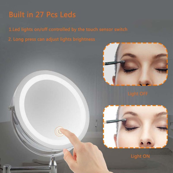LED-belyst spejl til makeup - 10x forstørrende, belyst vægmonteret badeværelsesspejl, tosidet fleksibel svanehals, 360° rotation med USB-kabel