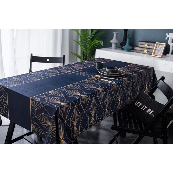 Blå rektangulær fløyelsduk, gullgrafisk trykk polyesterduk Restaurantduk, juleduk, 140x200cm