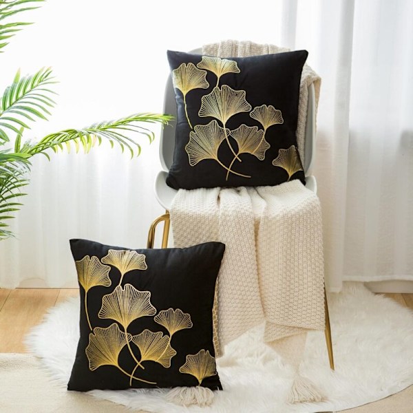 Pudebetræk 45 x 45 cm Velour pudebetræk guld blad dekorativ sort pude blød firkantet guld trykt ginkgo biloba betræk til stue sofa seng