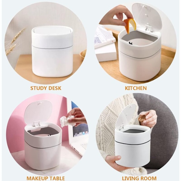1 st bords papperskorg med lock, mini papperskorg i plast, liten bordsbehållare för sovrum, matsalar, badrum, kontor, etc. (Vit)