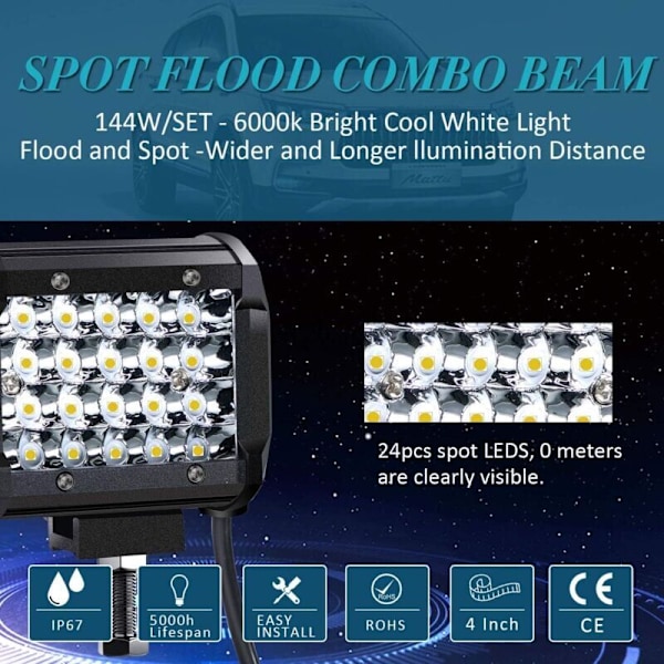 12V 144W 4'' LED Arbeidslys 12v Bil LED Spotlys Vanntett IP67 Spot Flood LED Tåkelys 10,500lm Arbeidslys for Bil Lastebil Traktor SUV Båt (2 STK)