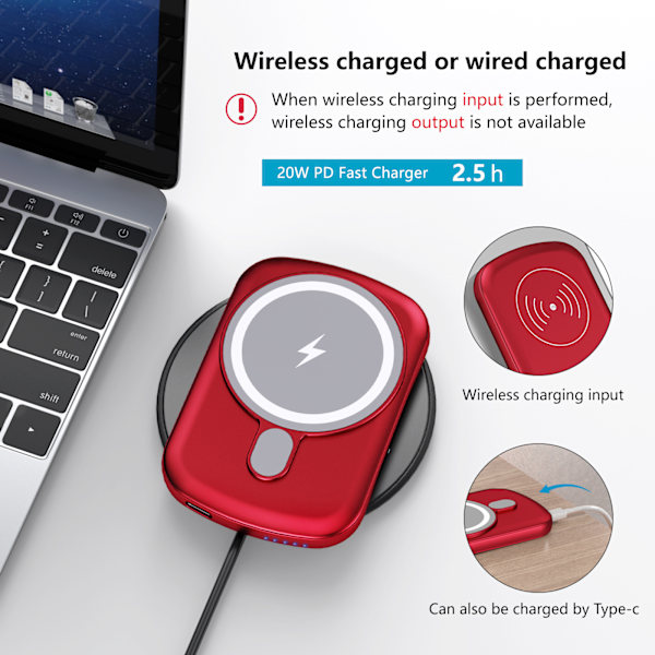 Magnetisk Powerbank 10000mAh/PD20W Hurtigopladning til Apple iphone13 Powerbank Trådløs Oplader (Rød)