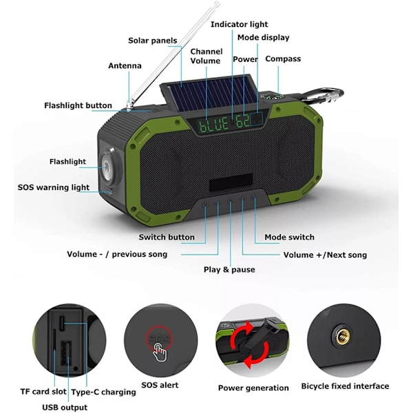 Handvevradio med LCD-display, 2000mAh Bärbar NOAA Väder Solradio svart