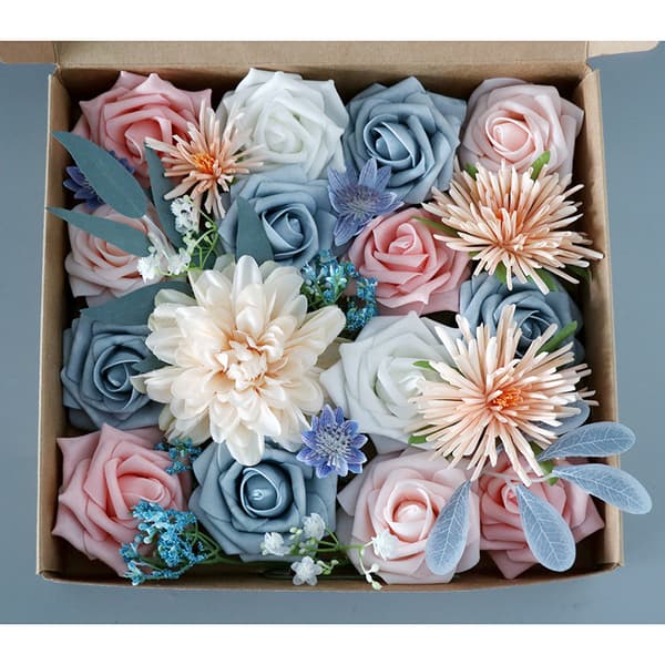Konstgjorda blommor gråblå blomkombination för DIY bröllopsbukett mittpunkter