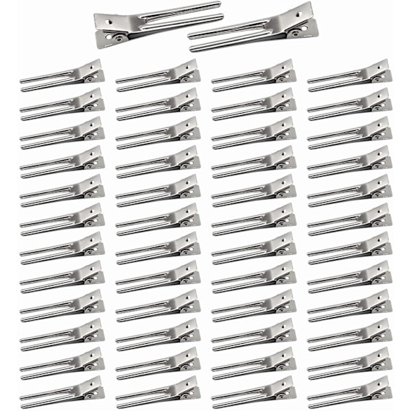 50-pack frisörklämmor med dubbla piggar (silver) 4,5 cm lockfixeringssektion spänne metallkrokodil hårklämma rosett spänne lockar frisörsalong frisör