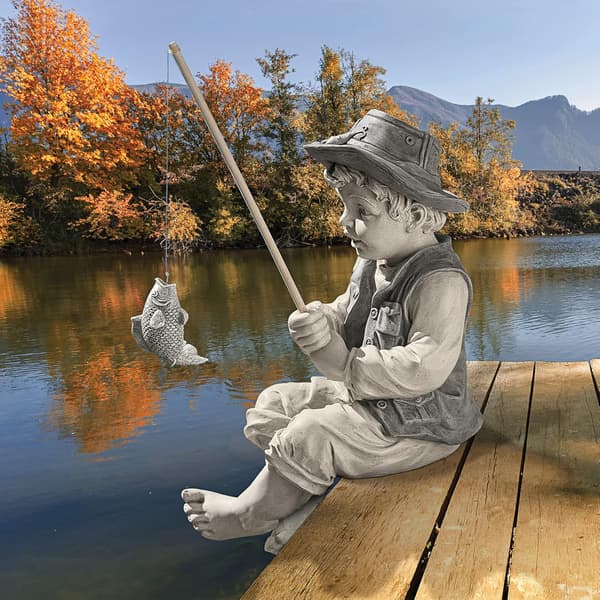 Fiskermann Statue til Hage, 38 cm, polyresin, to-farget stein