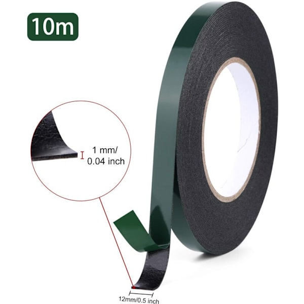 Dobbeltsidig skumtape - vanntett monteringskant for bil, rulle, bilskilt, trim, svart, 12mm 10 m per rull