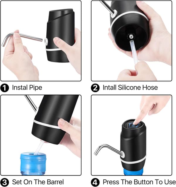 Vannpumpe for 2-5 gallons vannflaske, automatisk elektrisk vannpumpe, bærbar vanndispenser med USB-lading, plastslange