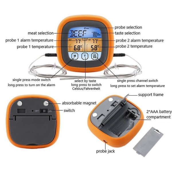 Dubbelnåls färgdisplay mattermometer kök bakning touch digital display termometer sondtyp grilltermometer