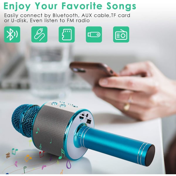 Barn Karaoke Trådlös Bluetooth Mikrofon (Blå), 5 i 1 Bärbar Handhållen Högtalare Spelare Recorder, Justerbar Blandning FM-radio, Lämplig för Barn Vuxna
